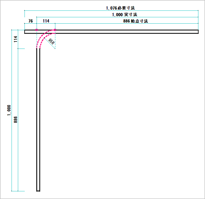 電線管を90°曲げて対象物に繋ぐまでの罫書寸法を示したものです。