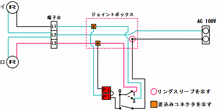 片切と三路スイッチを使った切替スイッチとパイロットランプの異時(逆)点滅結線の複線図