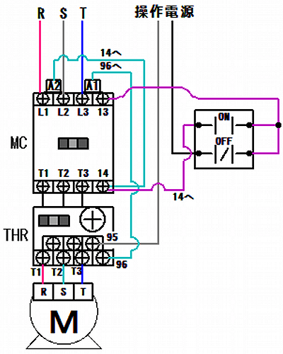 操作電源を単相100Vにする電磁開閉器と「ON/OFF」押釦スイッチ接続図