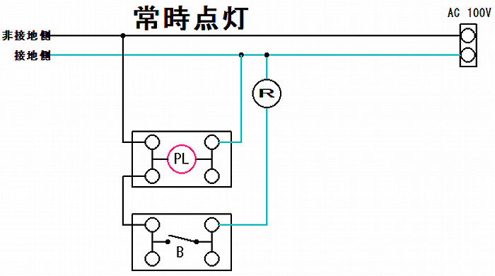 片切スイッチとパイロットランプの基本的な常時点灯結線図