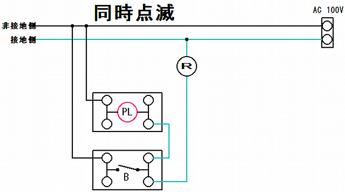 片切スイッチとパイロットランプの基本的な同時点滅結線図